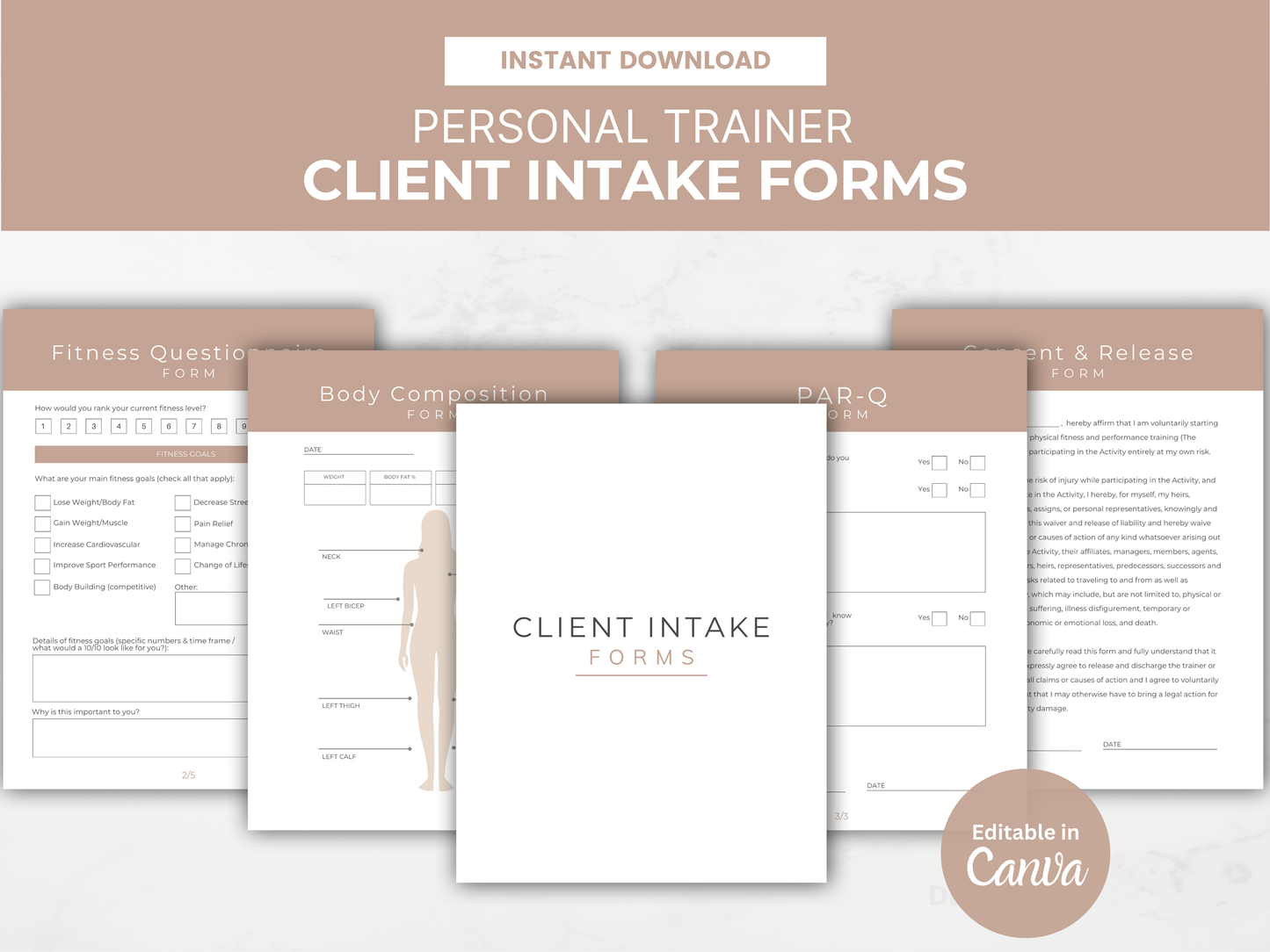 Personal Trainer Intake & Assessment Form Bundle: Editable PDF Templates