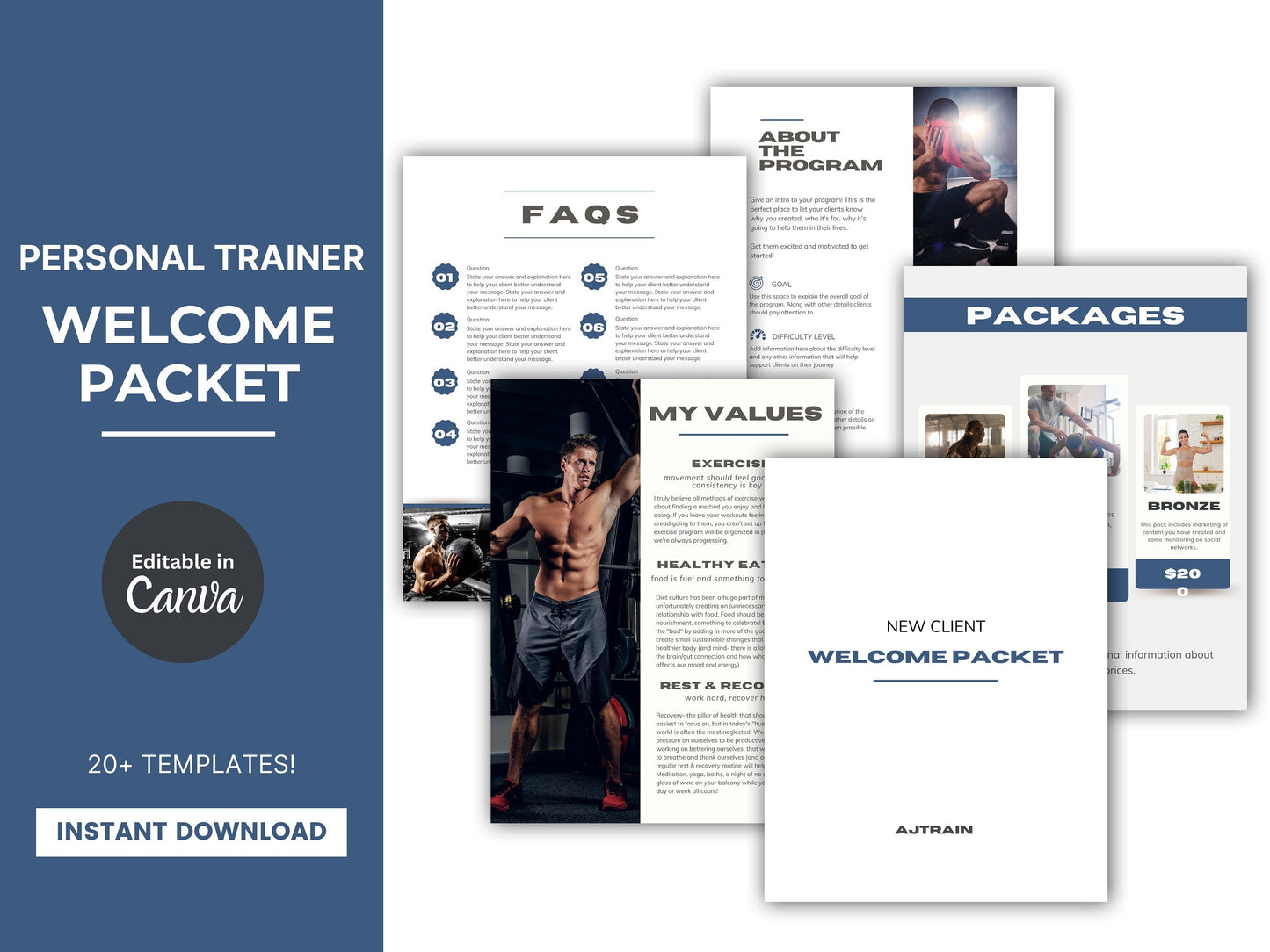 Client Welcome Packet for Onboarding New Clients (Blue)| Personal Trainer Printable Welcome Bundle