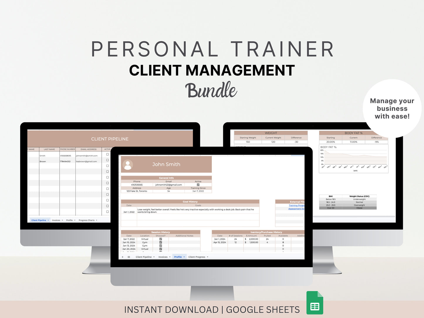 Personal Trainer Client Management System | CRM Templates for Fitness Coaches – Client Progress Tracker, Invoices,Session History