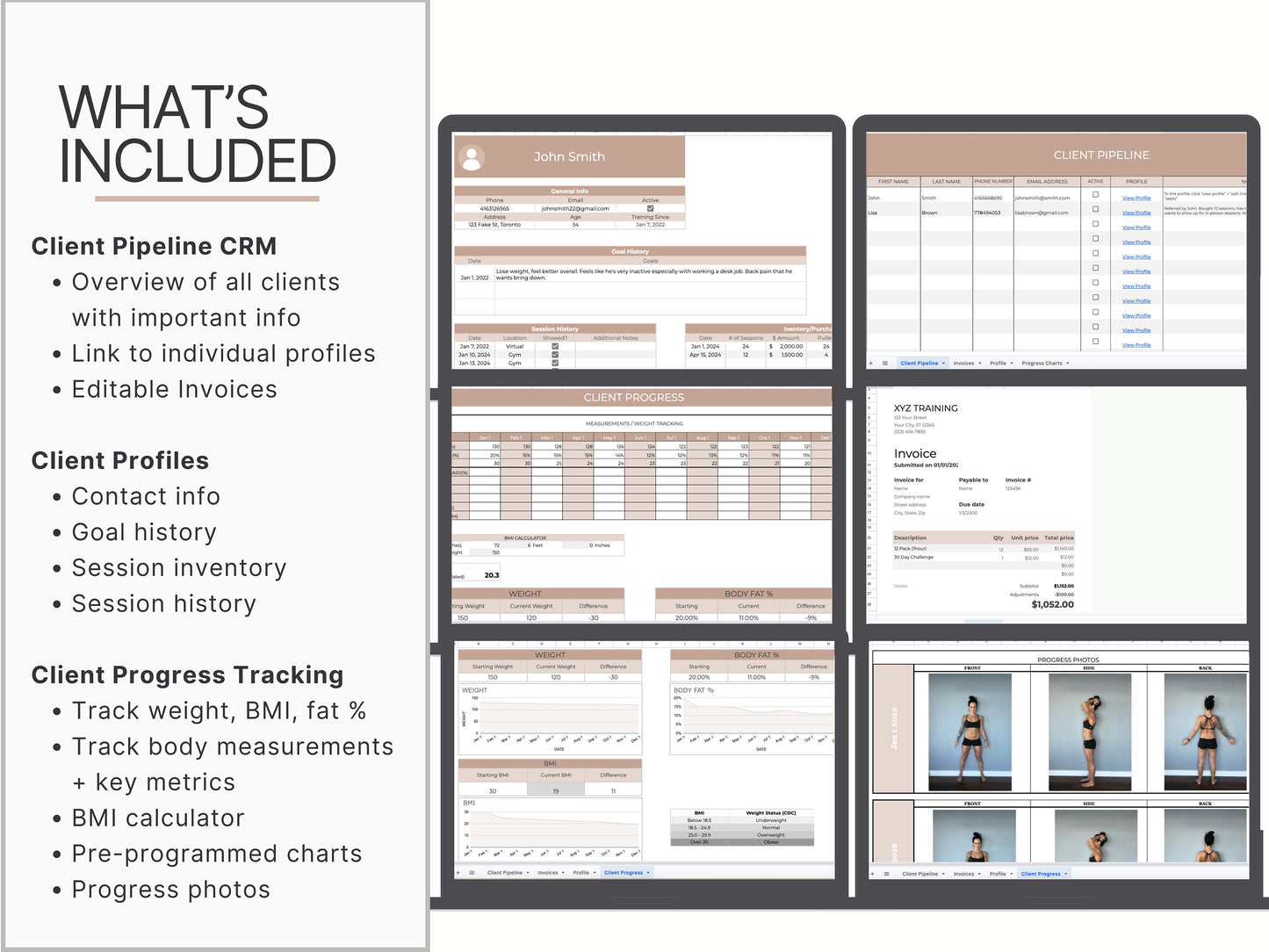 Personal Trainer Client Management System | CRM Templates for Fitness Coaches – Client Progress Tracker, Invoices,Session History