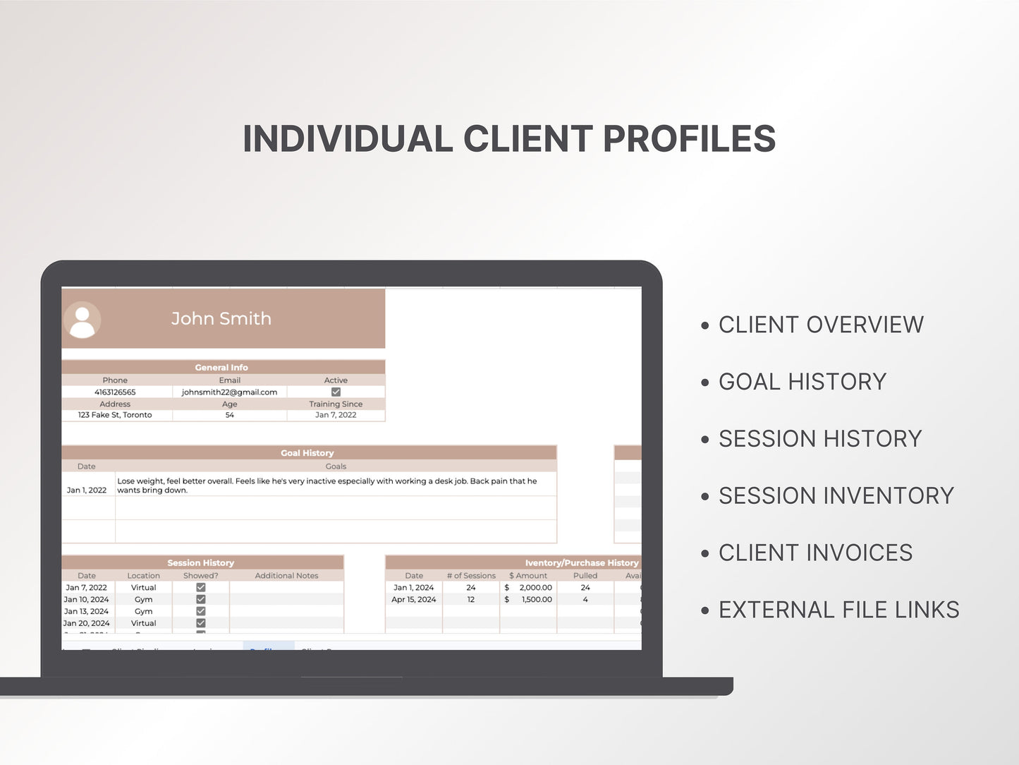 Personal Trainer Client Management System | CRM Templates for Fitness Coaches – Client Progress Tracker, Invoices,Session History